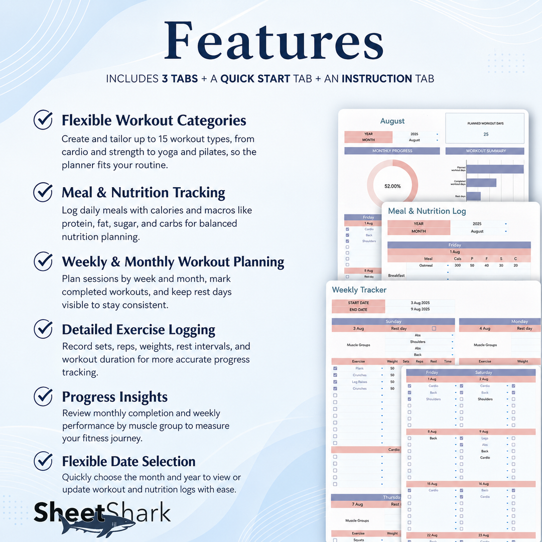 Fitness Planner Spreadsheet — Workout Tracker for Excel & Google Sheets