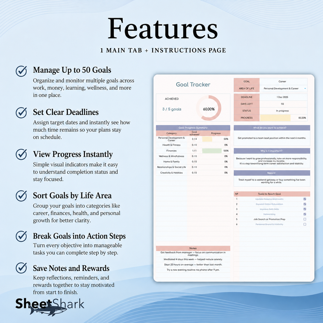 Goal Planner Spreadsheet — SMART Goals & Milestones