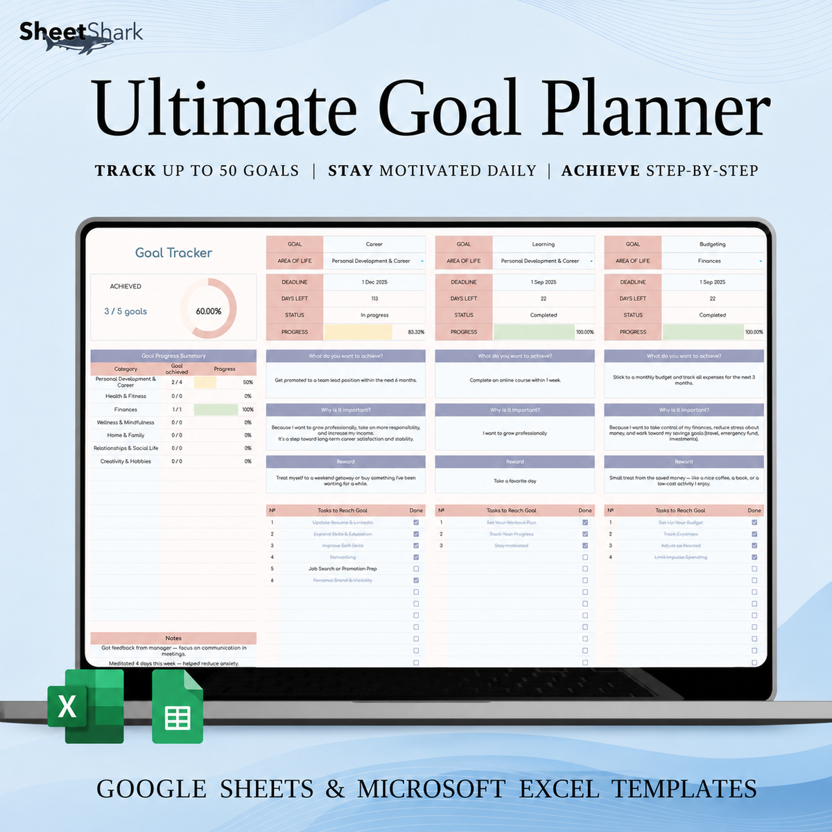 Goal Planner Spreadsheet — SMART Goals & Milestones