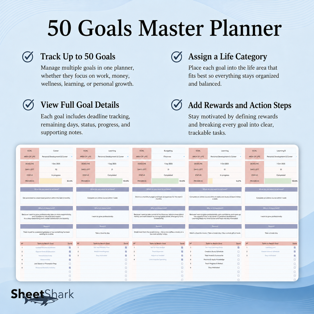Goal Planner Spreadsheet — SMART Goals & Milestones