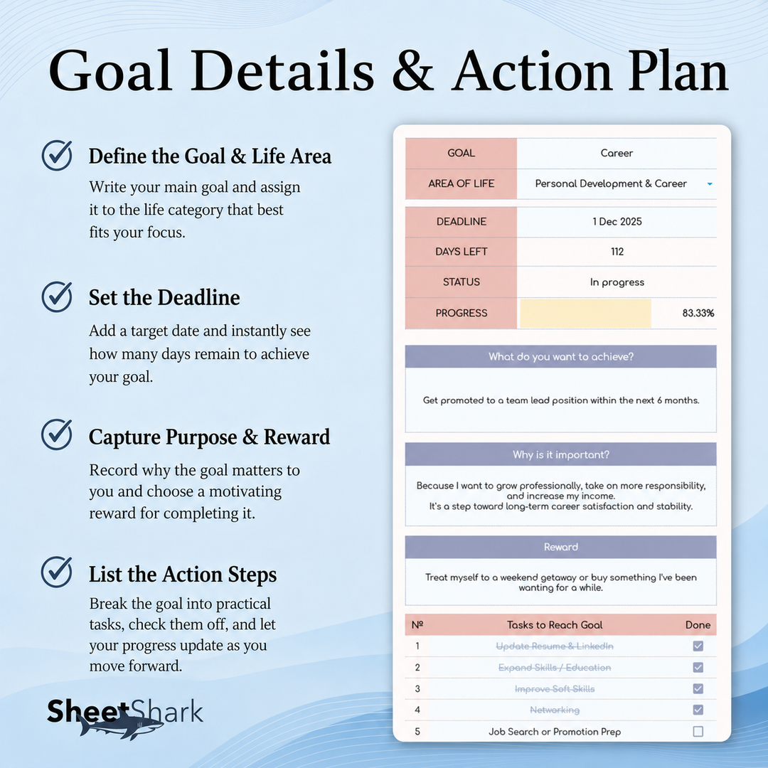 Goal Planner Spreadsheet — SMART Goals & Milestones