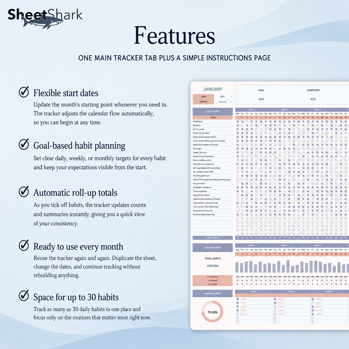 Habit Tracker Spreadsheet — Daily Streaks for Excel & Google Sheets