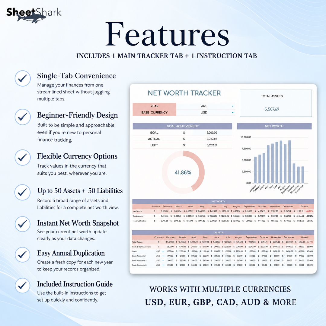 Net Worth Tracker Spreadsheet — Assets, Debts & Wealth Dashboard