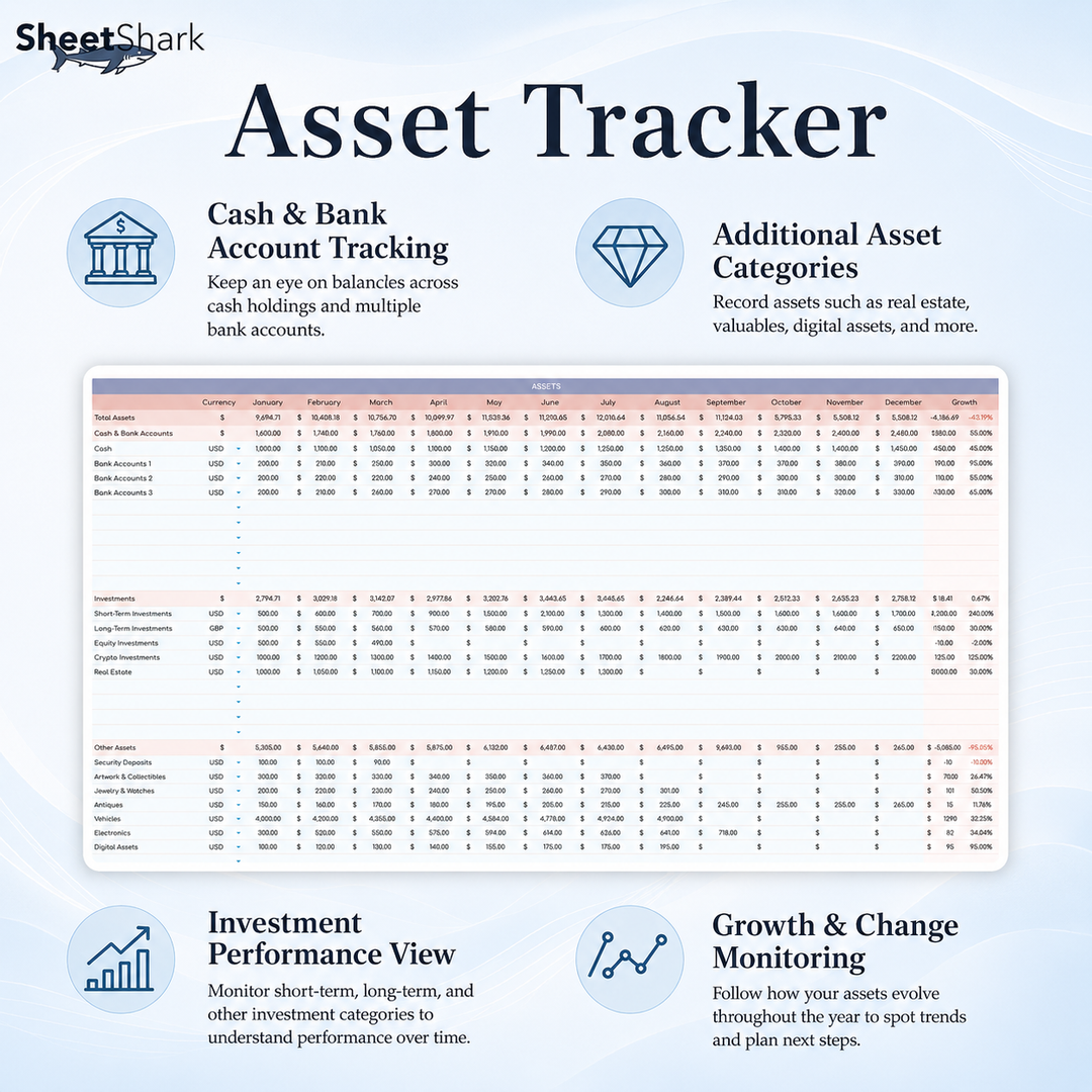 Net Worth Tracker Spreadsheet — Assets, Debts & Wealth Dashboard