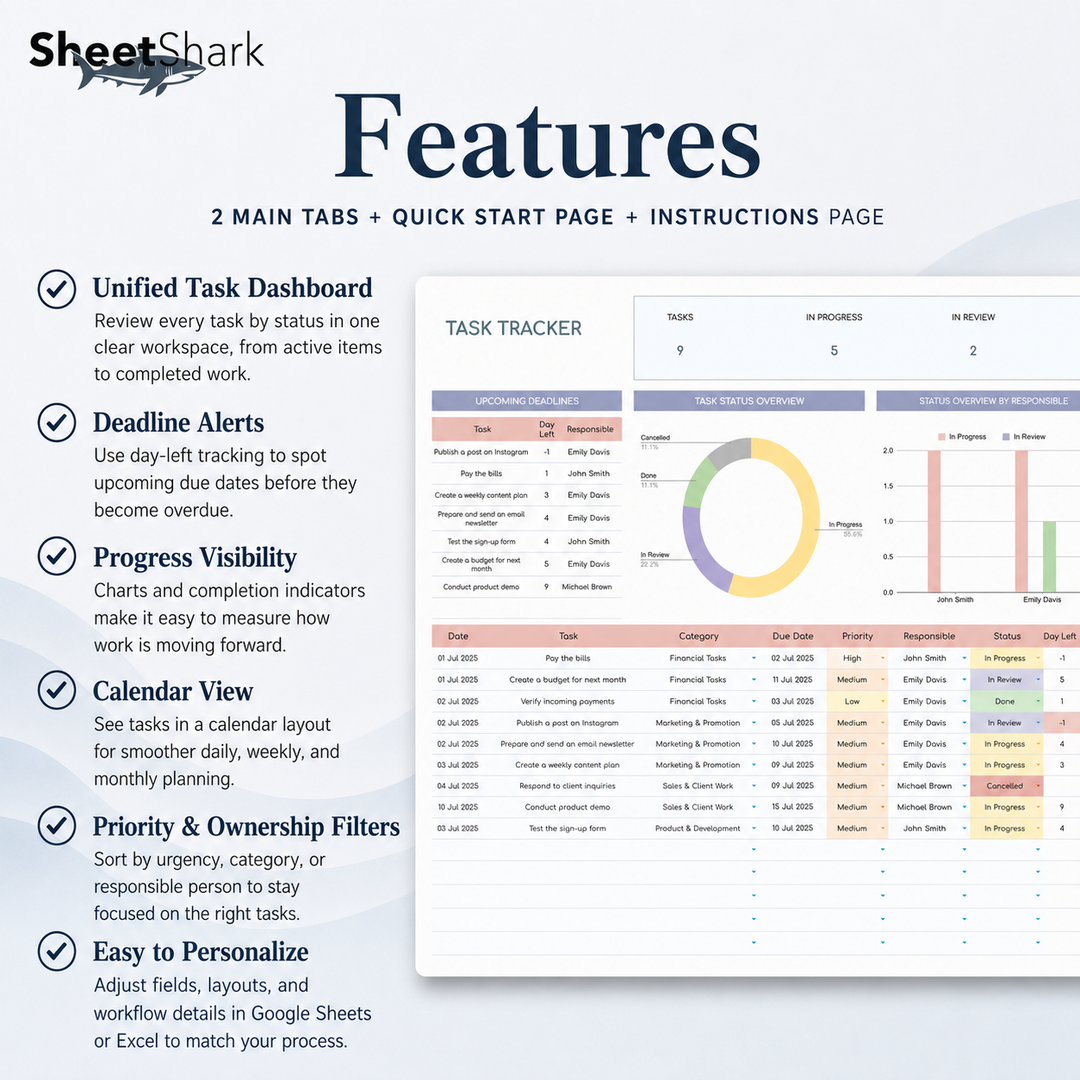 Task Tracker Spreadsheet — Project & Deadline Manager