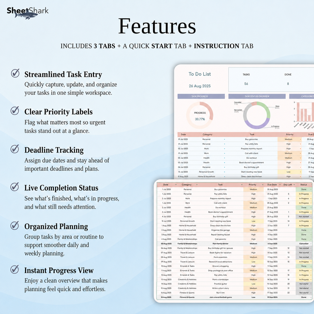To-Do List Spreadsheet — Daily Task Tracker for Excel & Google Sheets