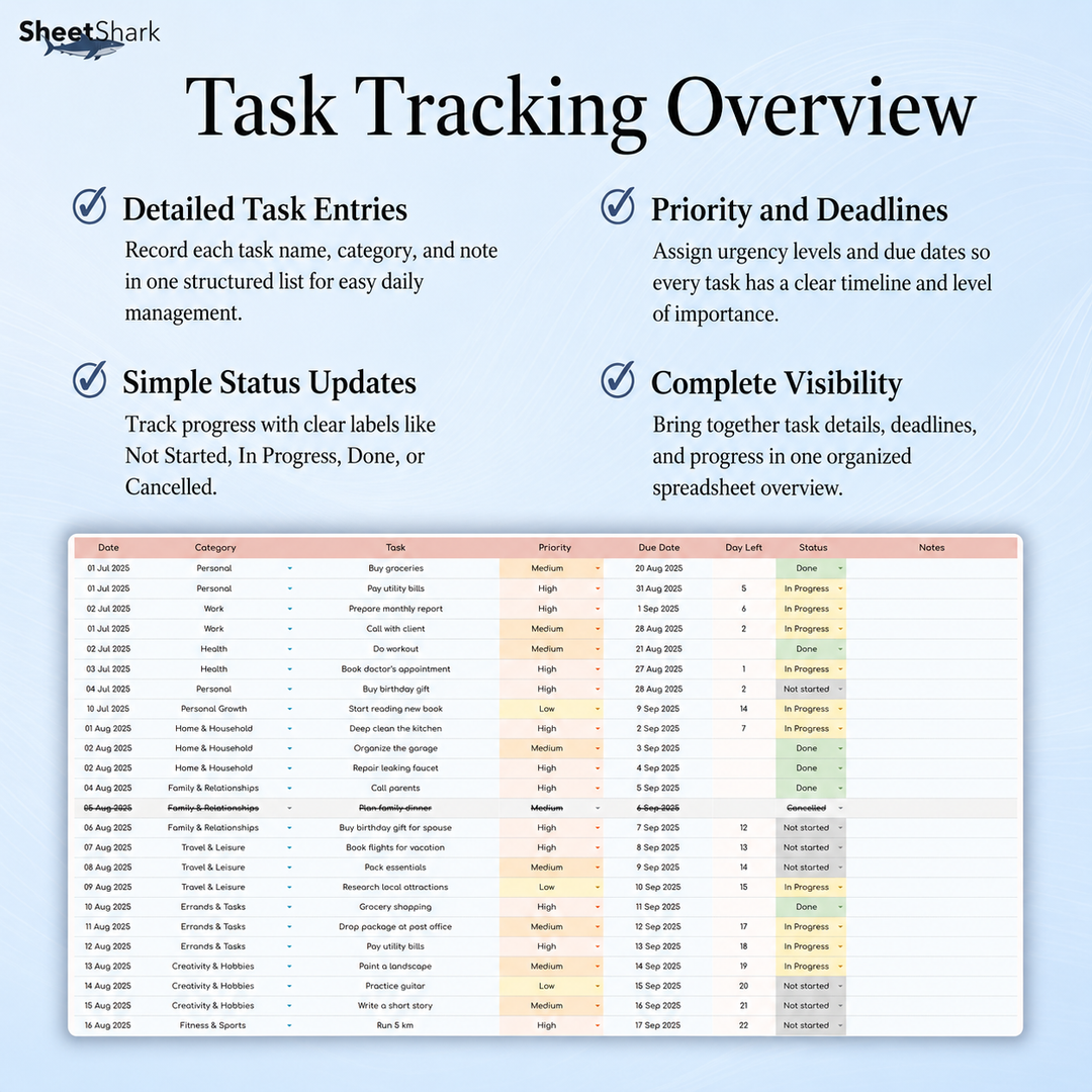 To-Do List Spreadsheet — Daily Task Tracker for Excel & Google Sheets