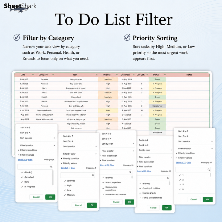 To-Do List Spreadsheet — Daily Task Tracker for Excel & Google Sheets