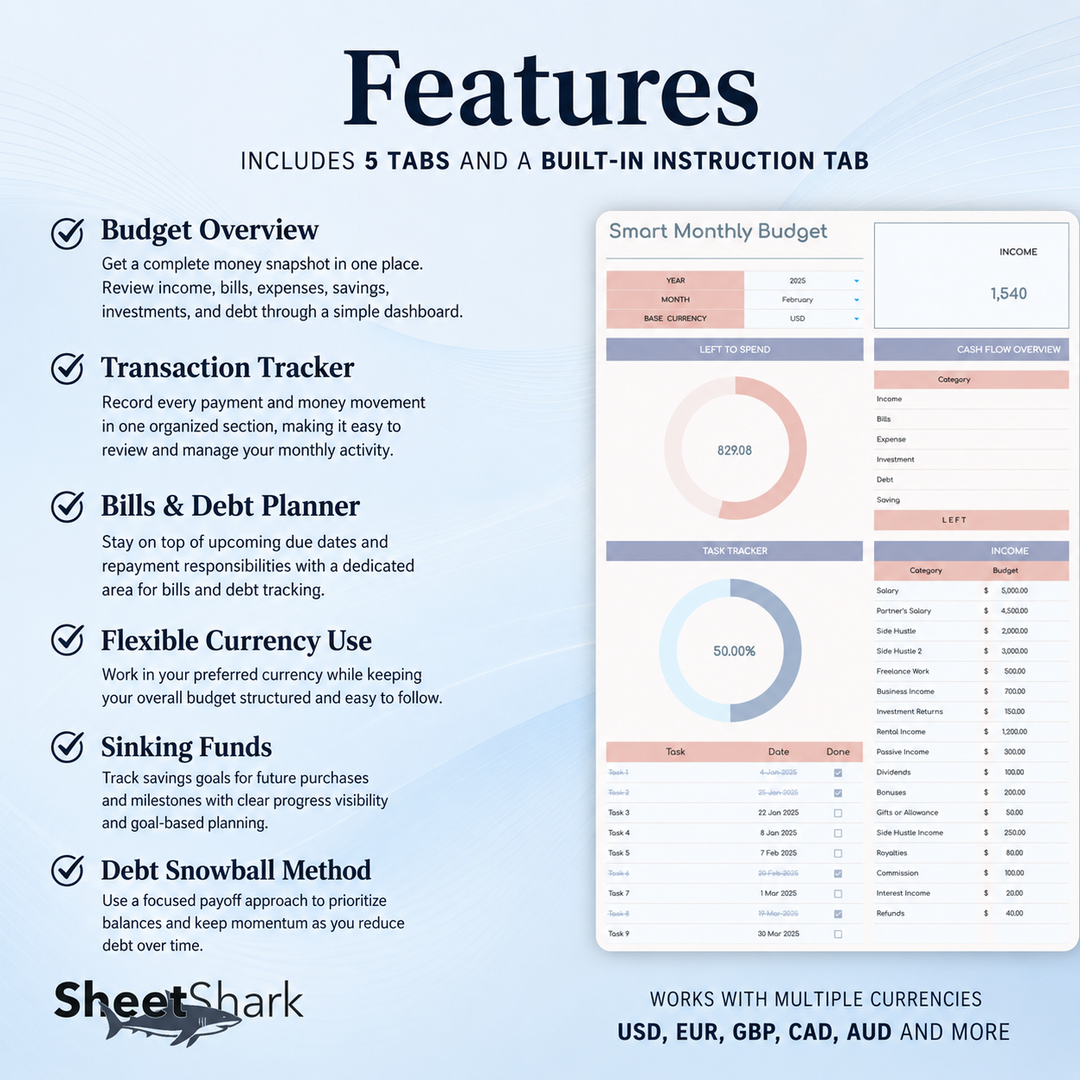 Monthly Budget Spreadsheet — Excel & Google Sheets Template