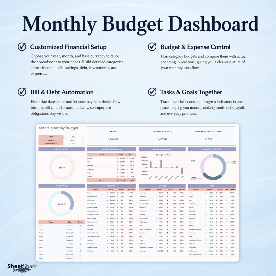 Monthly Budget Spreadsheet — Excel & Google Sheets Template