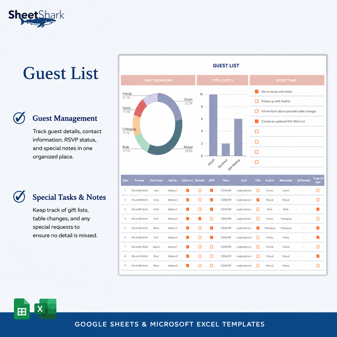 Wedding Planner Spreadsheet — Budget, Guests & Timeline